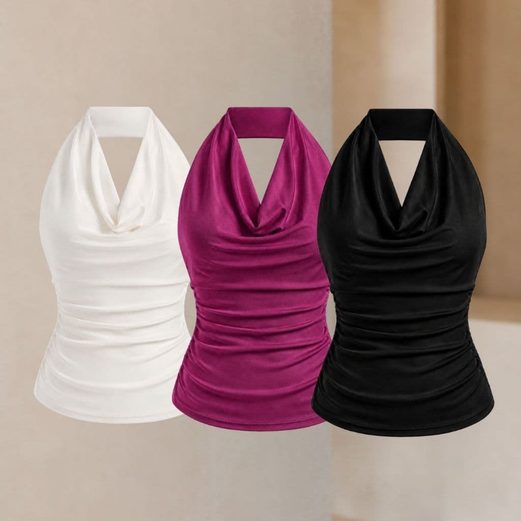 Blusinha Feminina  Gola Alta Drapeada Elegante Moda Feminina Blusinha Feminina Look Moderno Preto
