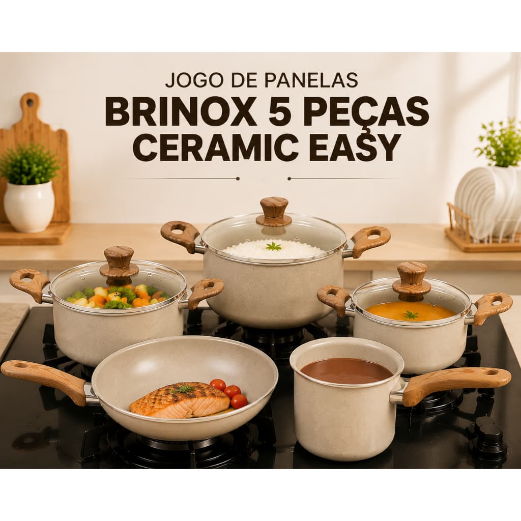 Conjunto De 5 Panelas Gris Brinox Ceramic Life Easy Cinza