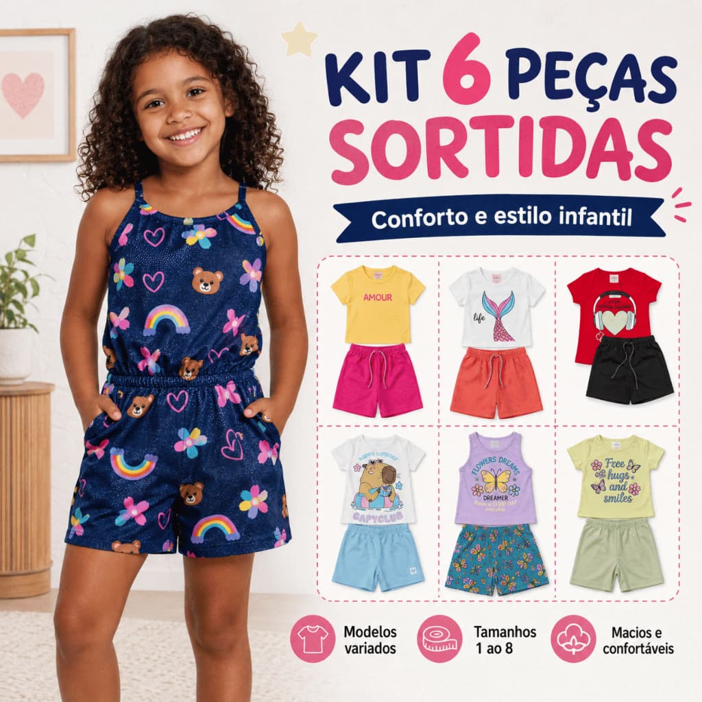Kit 6 Peças Roupa Infantil Menina Verão Conjunto Feminino Sortido Camiseta Shorts Estampados Tamanho 1 ao 8