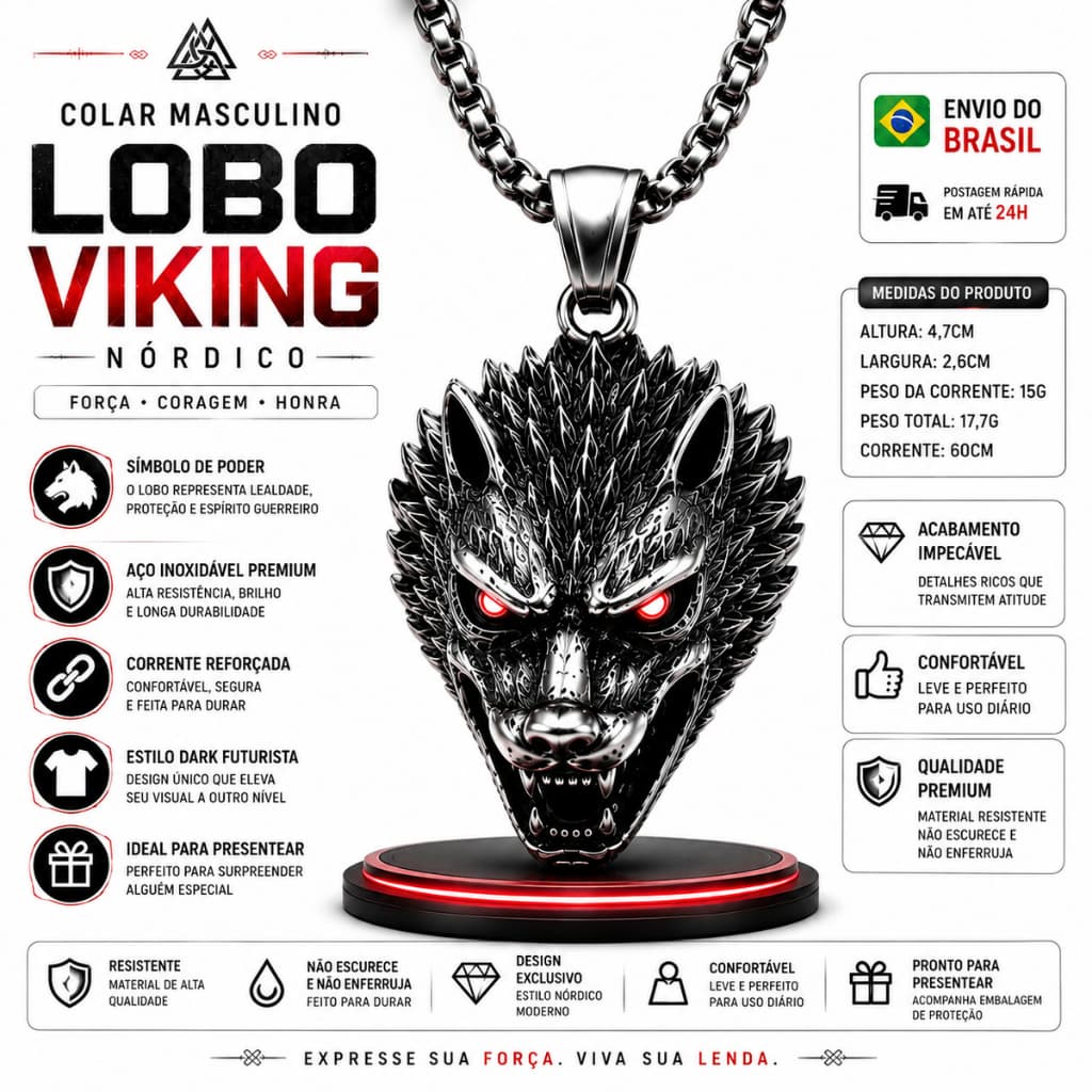 Colar Lobo Viking Nórdico Masculino Aço Titânio Prateado Pingente Estilo Guerreiro Premium