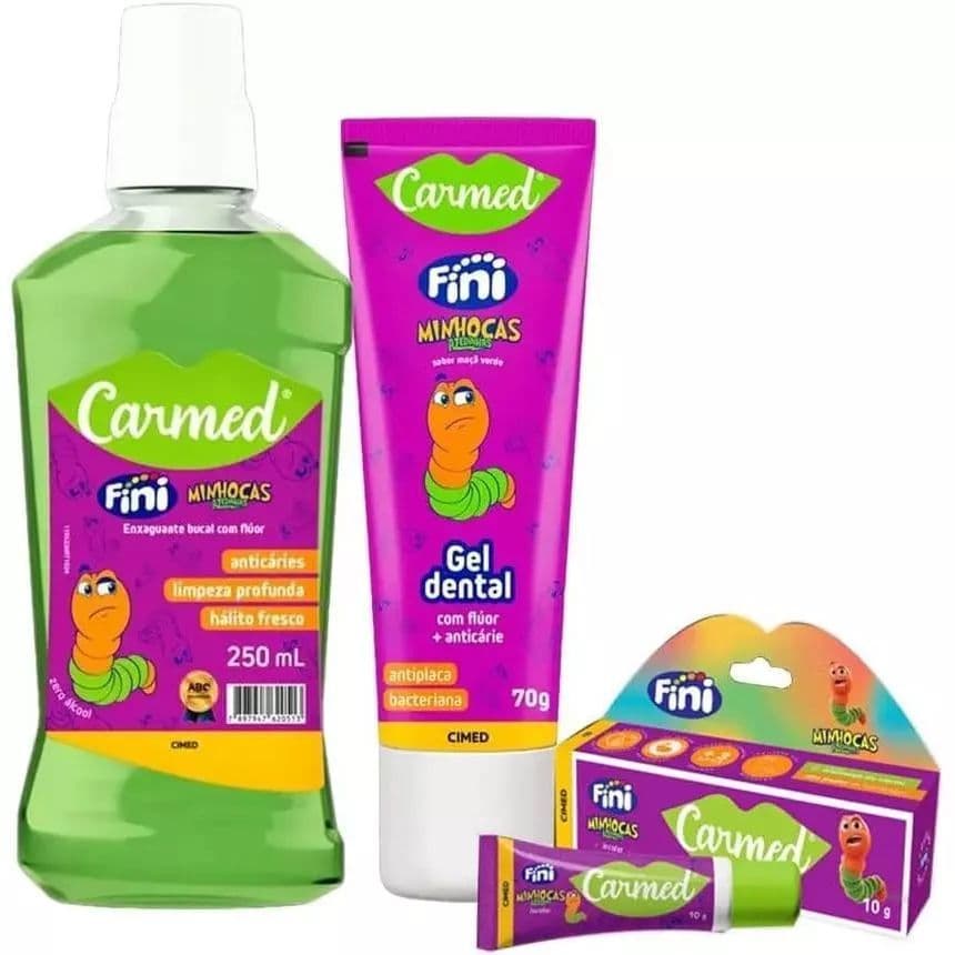 Kit promocional Fini MINHOCA Carmed Completo Enxaguante Bucal 250 ml + Gel Dental 70gr + Protetor Labial 10gr
