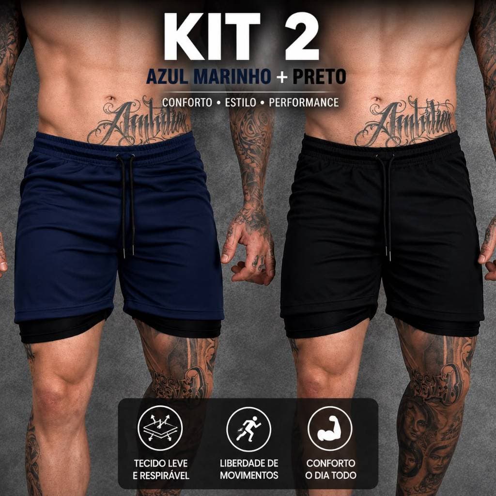 Kit 2 Shorts 2 Em 1 Masculino Dry Fit Corrida Academia Esportivos Com Conforto
