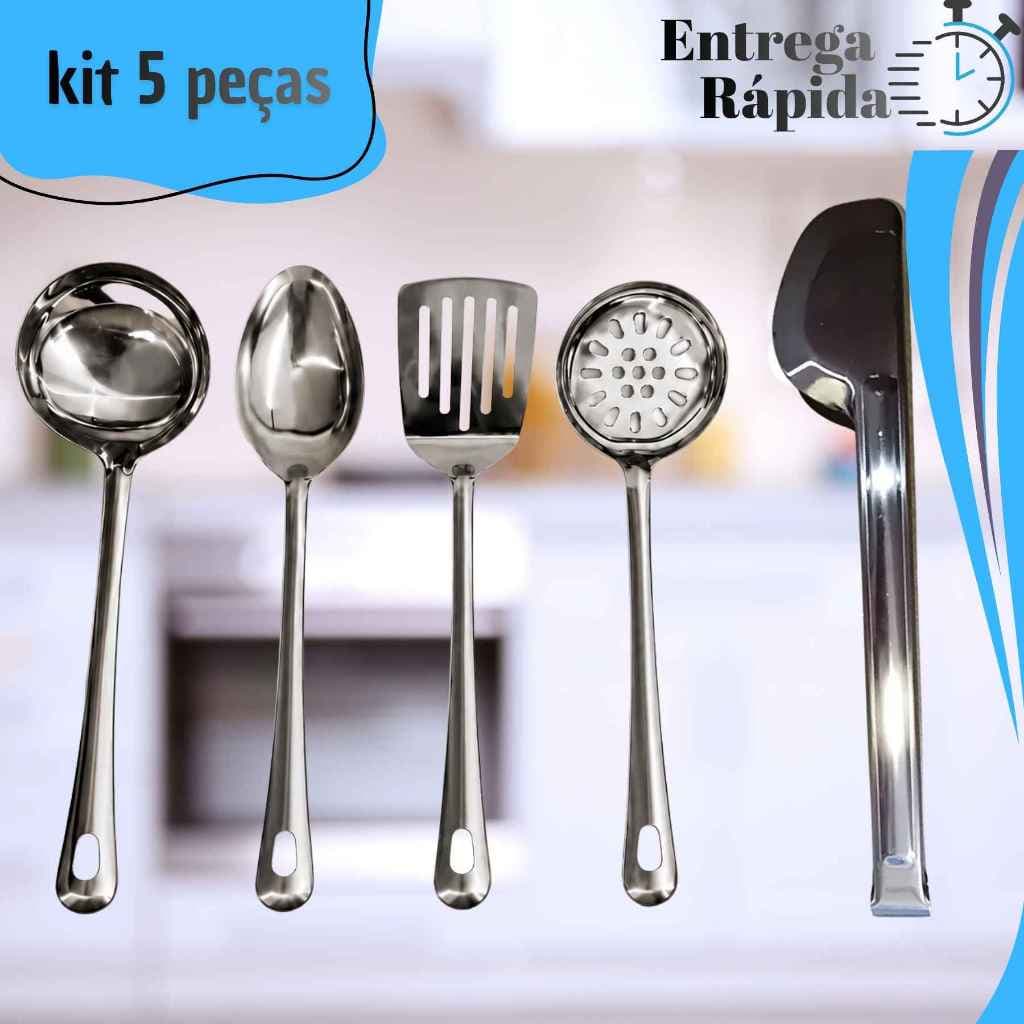 Kit 5 Utensílio Cozinha  Inox Colher Arroz Concha Escumadeira Espátula Vazada Pegado Universal Grande Carne Massa Salada