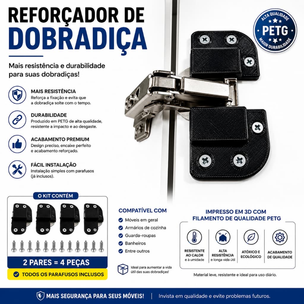 Kit 4 Suportes Reforçados para Dobradiça Armário Cozinha Guarda-roup