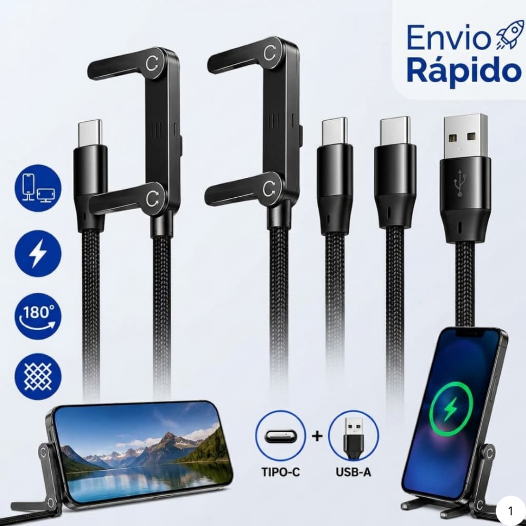 Cabo Carregador De Celular 2 em 1 Base Com Suporte Flexível Carga Rápida