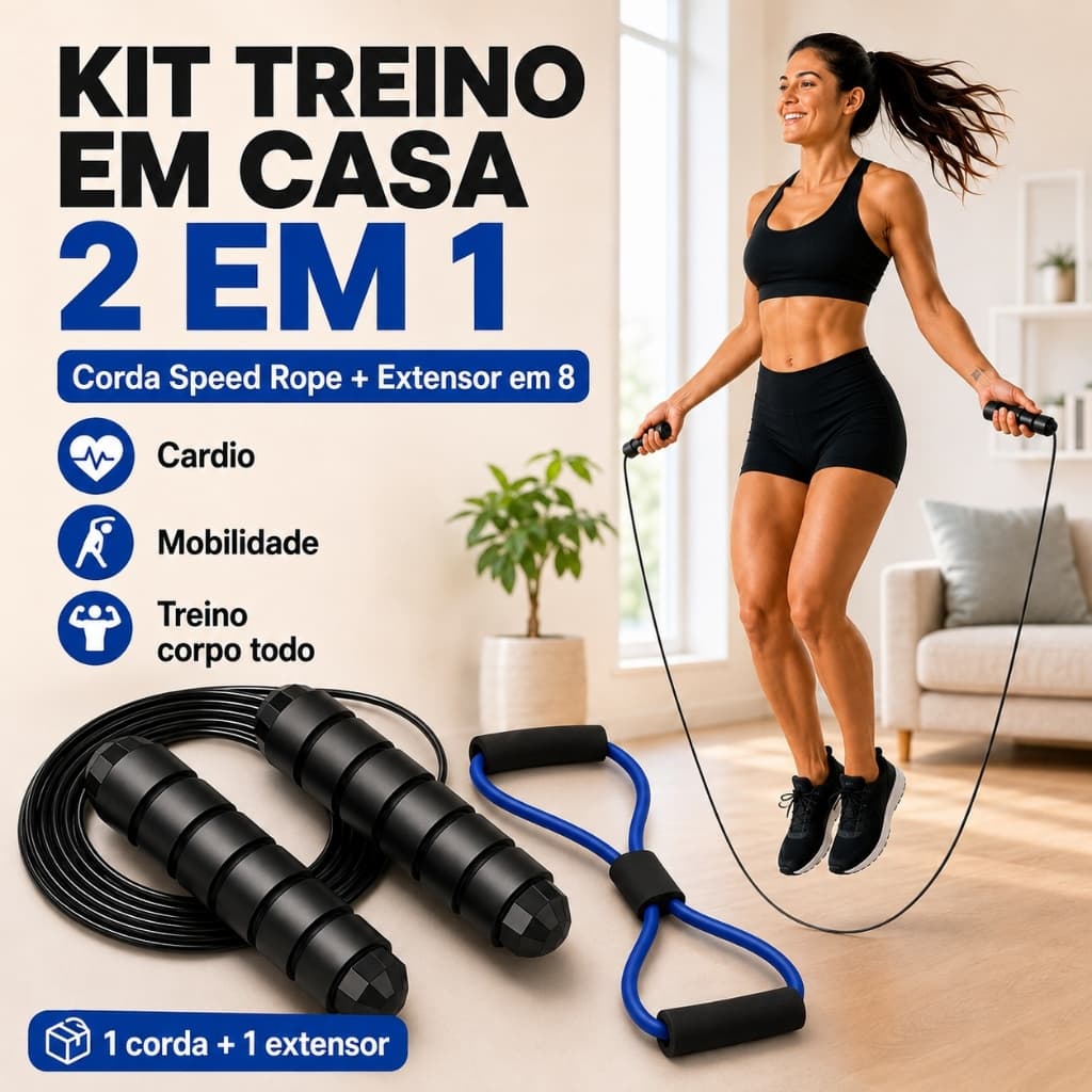 Kit Treino em Casa 2 em 1 Corda de Pular Ajustável 3m + Extensor Elástico em 8 para Exercícios Funcionais