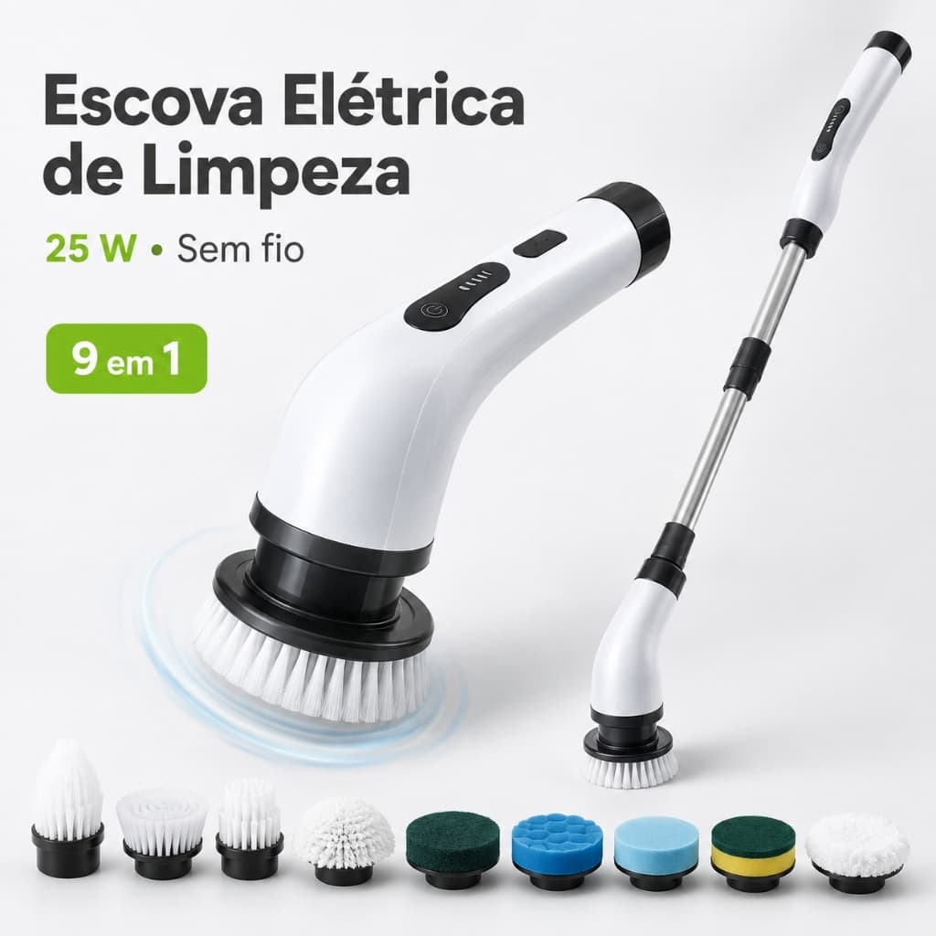Escova Elétrica de Limpeza 9 em 1 Sem Fio Recarregável 25W com Cabo Alongador BW4009 BRASWEI