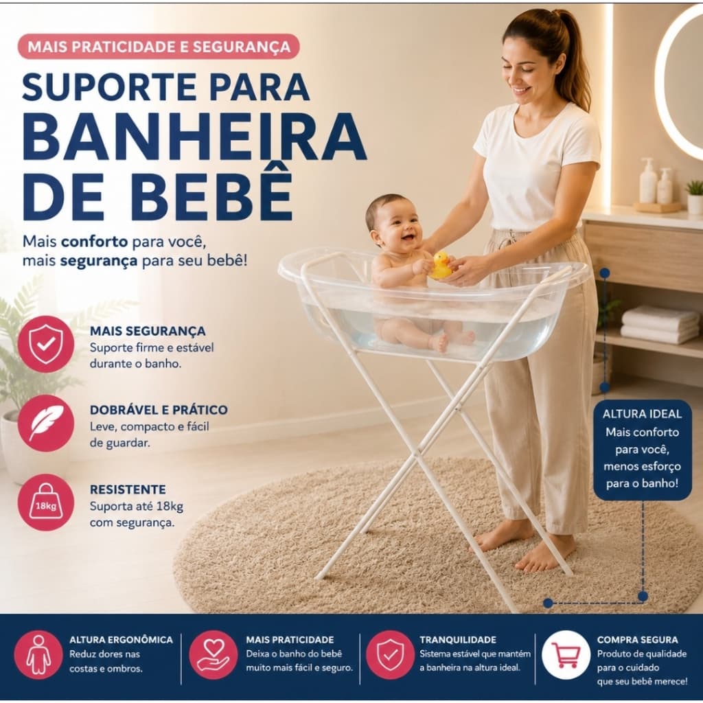 Suporte de Banheira de Bebê Infantil Reforçado Dobrável Universal Resistente Desmontável Menino Menina Ergonômico 18Kg