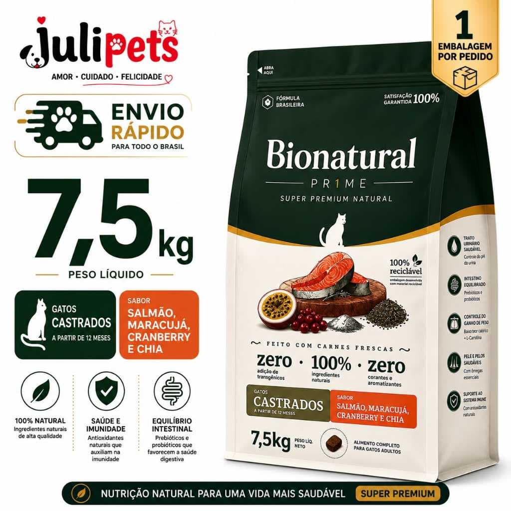Ração Bionatural Gatos Castrados Salmão Ração Super Premium 7,5kg