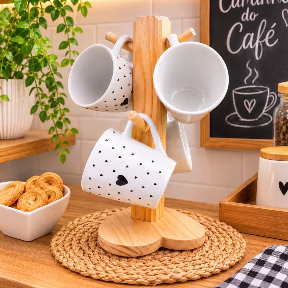 Kit 4 Xicaras de Cafe com Suporte Madeira Pinus Decoração Cozinha