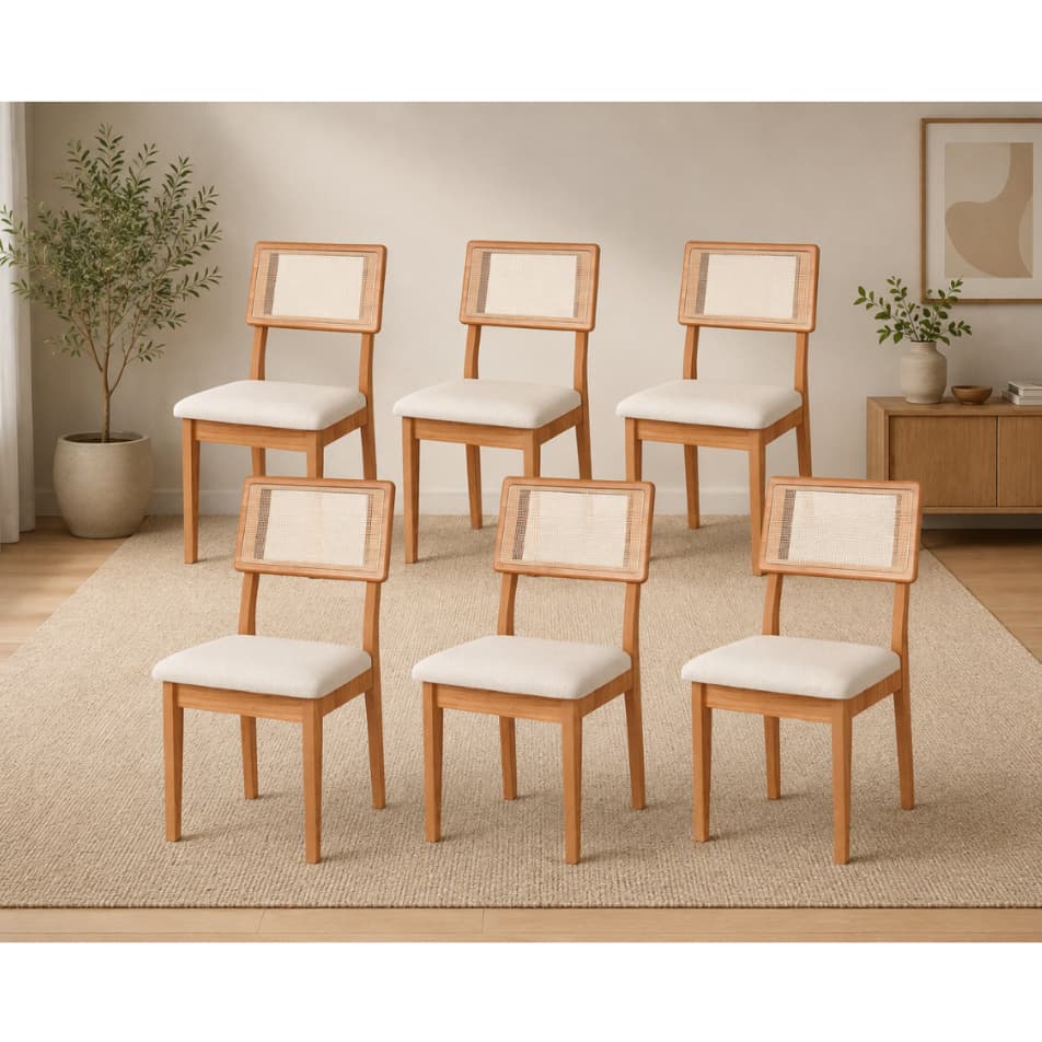 Kit 6 Cadeiras para Sala de Jantar  Estofadas Encosto de Tela em 100% MDF Freijó Cesare Claro