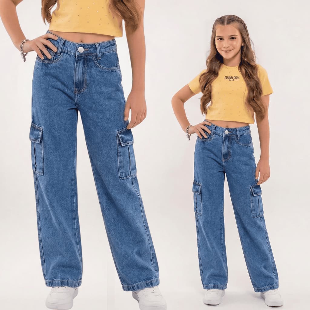 Calca Wide Leg Cargo Jeans Infantil e Juvenil Bolso Lateral Blogueira adolescente 100% algodão Regulador na cintura