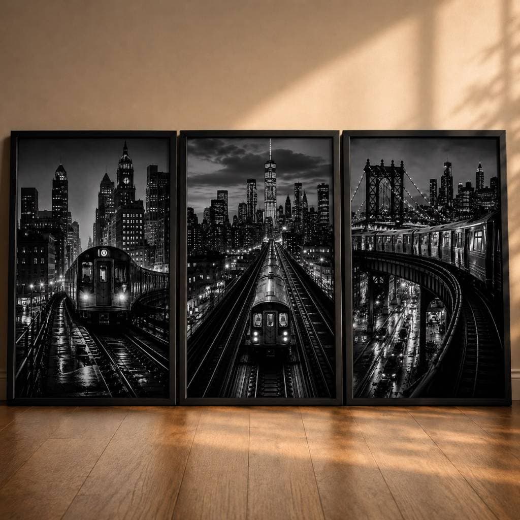 Kit 3 Quadros Metrô Nova York Preto e Branco Decorativo Urbanos Retrô Industrial Moldura e Vidro