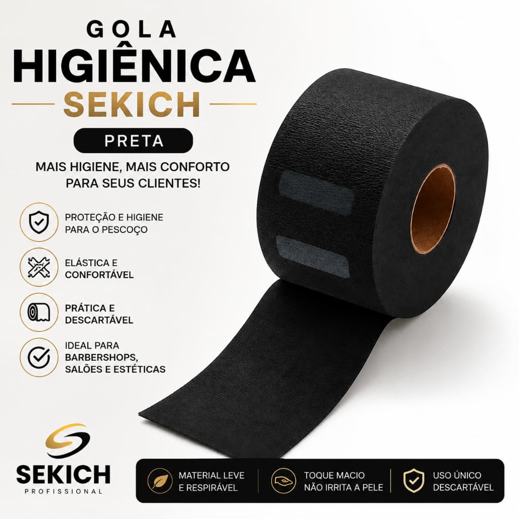 Gola Higiênica Sekich Preta para Barbearia e Salão | Protetor de Pescoço Descartável | Rolo Profissional