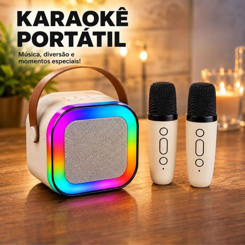 Caixa de Som Bluetooth Karaokê com 1/2 Microfones Sem Fio Infantil LED RGB K12 Portátil Recarregável