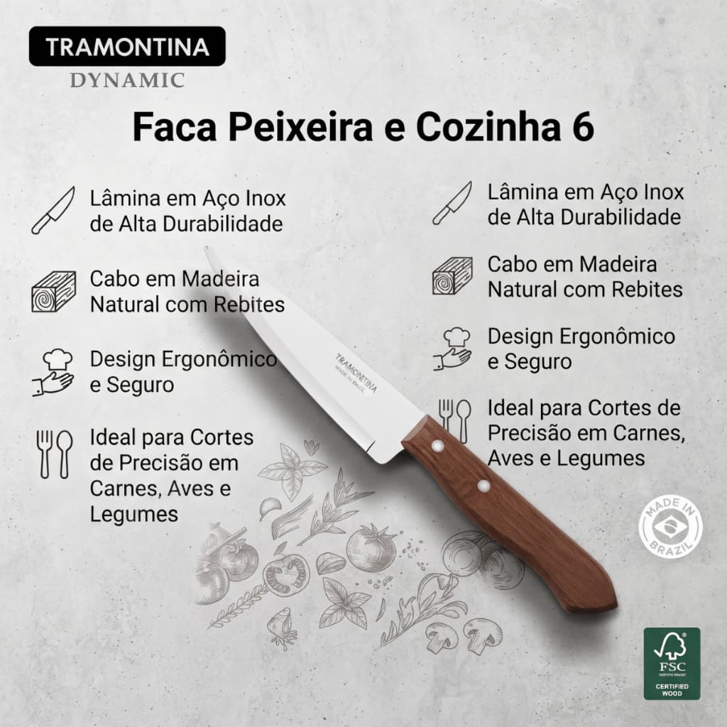 Faca Peixeira e Cozinha Tramontina Dynamic 6 Polegadas - Lâmina Inox e Cabo Madeira