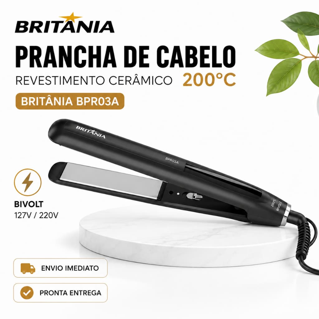 🔥Prancha de Cabelo Britânia BPR03A 200°C com Revestimento Cerâmico Alisadora Profissional para Cabelos