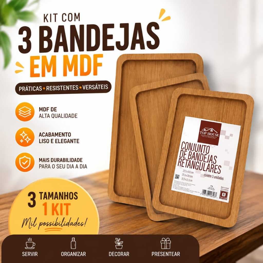 Kit Com  3  Bandeja de Bambu  De Mdf  3  Tamanhos para Café Chá Petisqueira Condimentos e Mesa Posta
