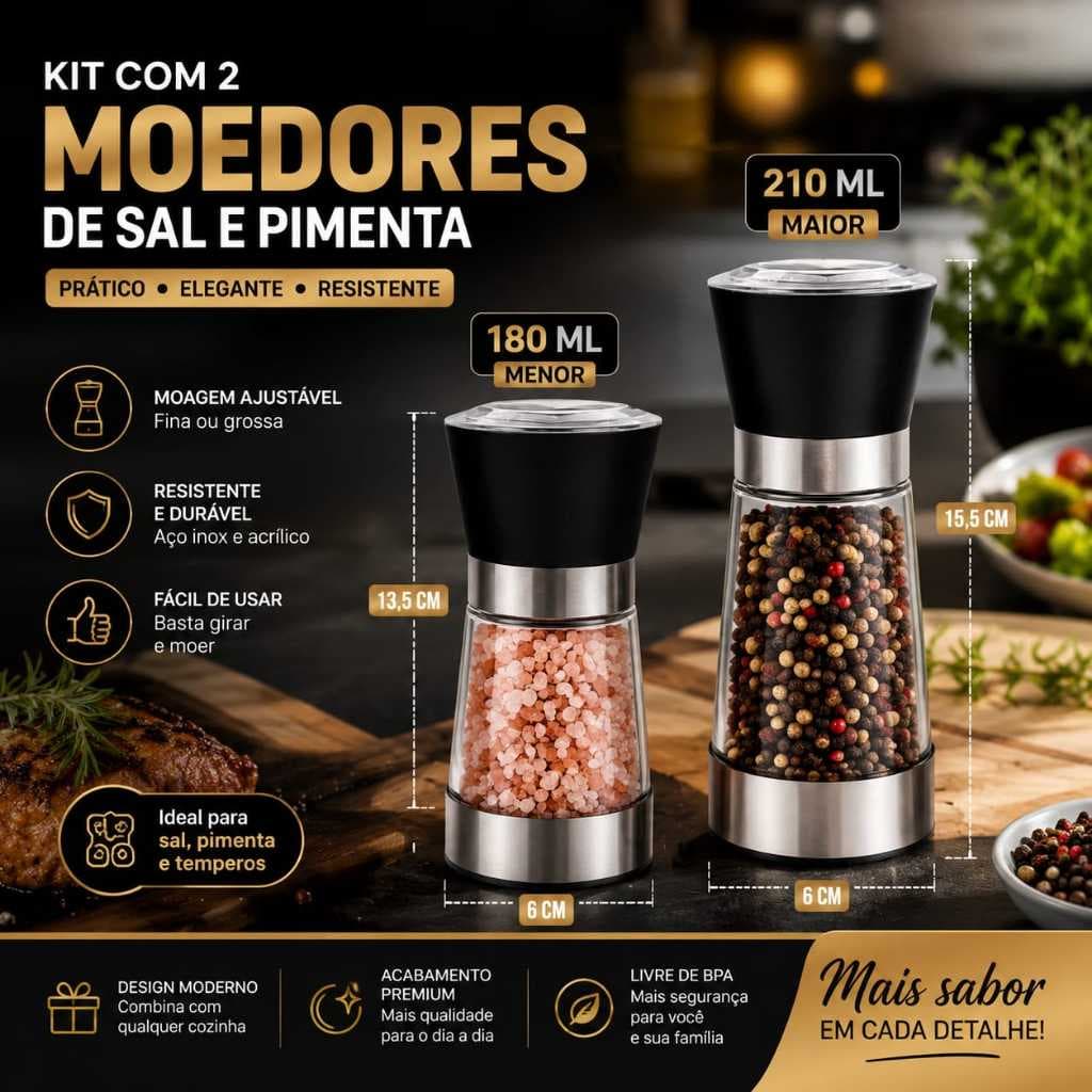 Kit 2 Pecas Moedores Sal Pimenta 180 E 210 Ml Porta Temperos Vidro Resistente Moedor Sal Pimenta