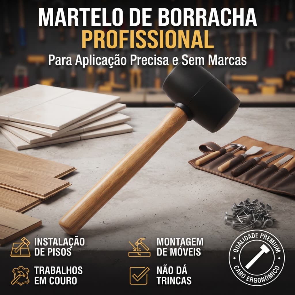 Martelo de Borracha 40mm Preto Para Pisos, Azulejos e Obras