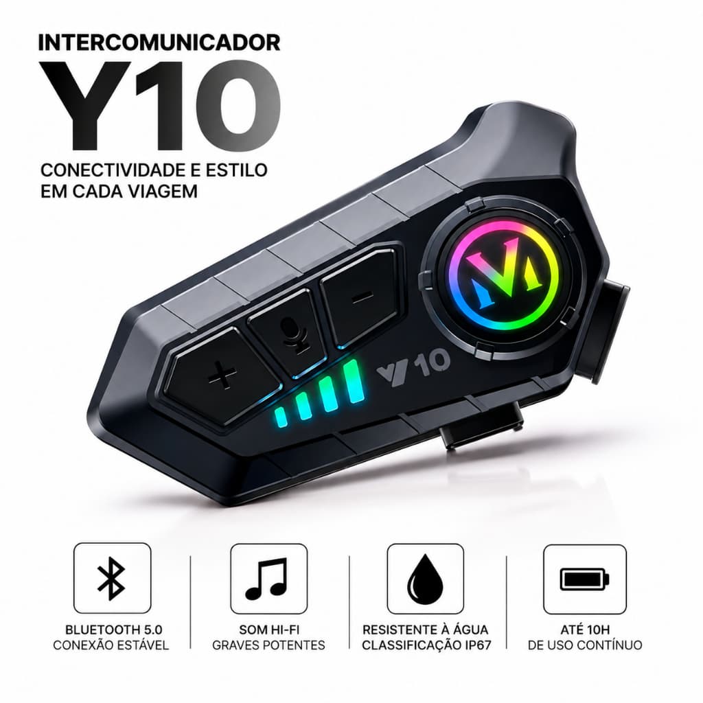 Intercomunicador Bluetooth Y10 Capacete Moto RGB Hi-Fi IP67 GPS Chamadas USB-C