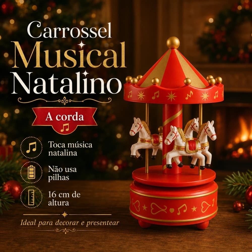 Carrossel Musical de Natal a Corda com Cavalinhos Caixinha de Música Decorativa 16x9cm