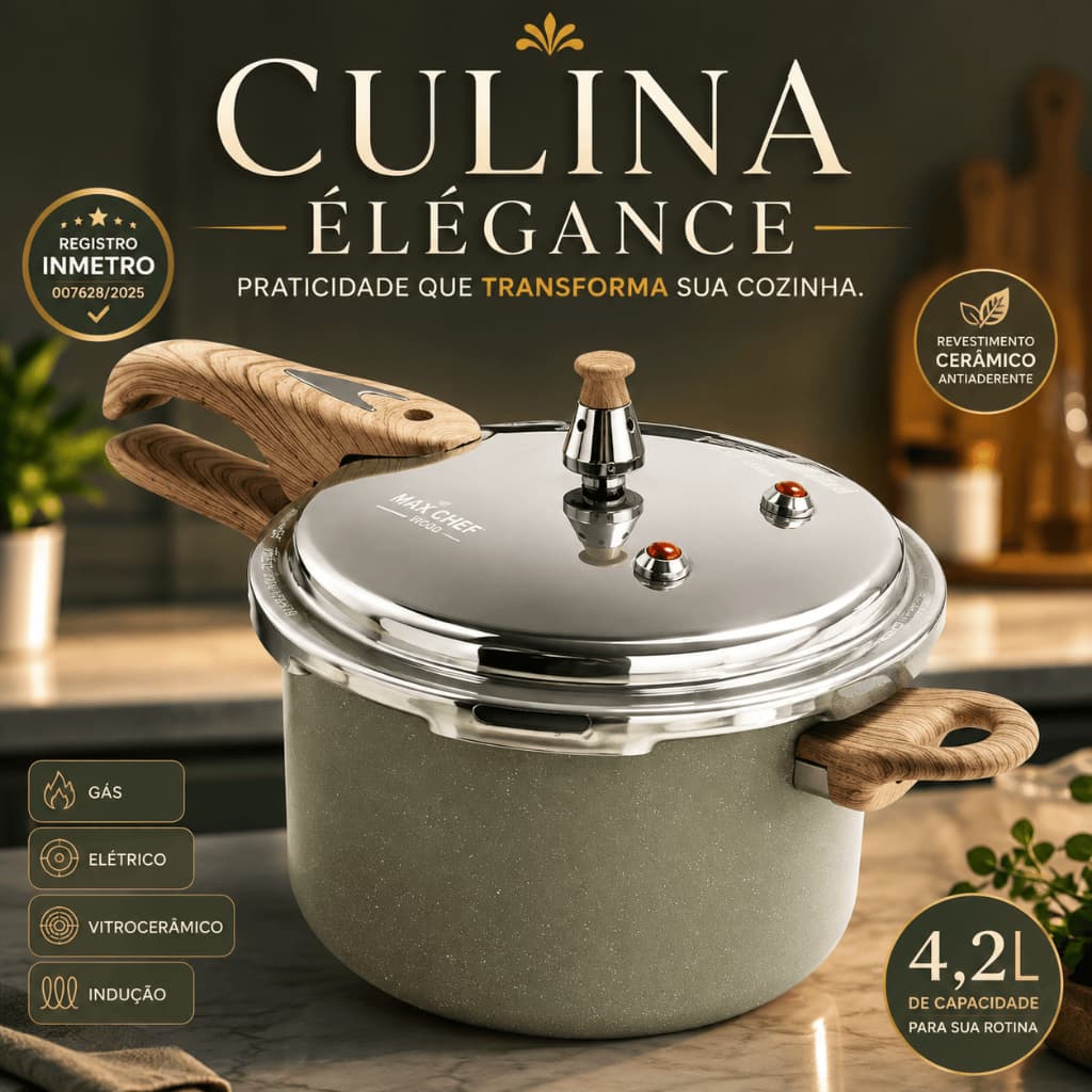 Panela de Pressão Max Chef Wood 4,2L Cerâmica Antiaderente Indução Alta Durabilidade Cozimento Rápido