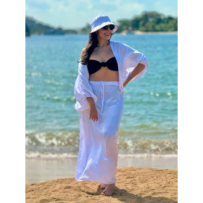 Saída de Praia Feminina 2 Peças Branco Camisa Manga Longa Saia Longa Verão