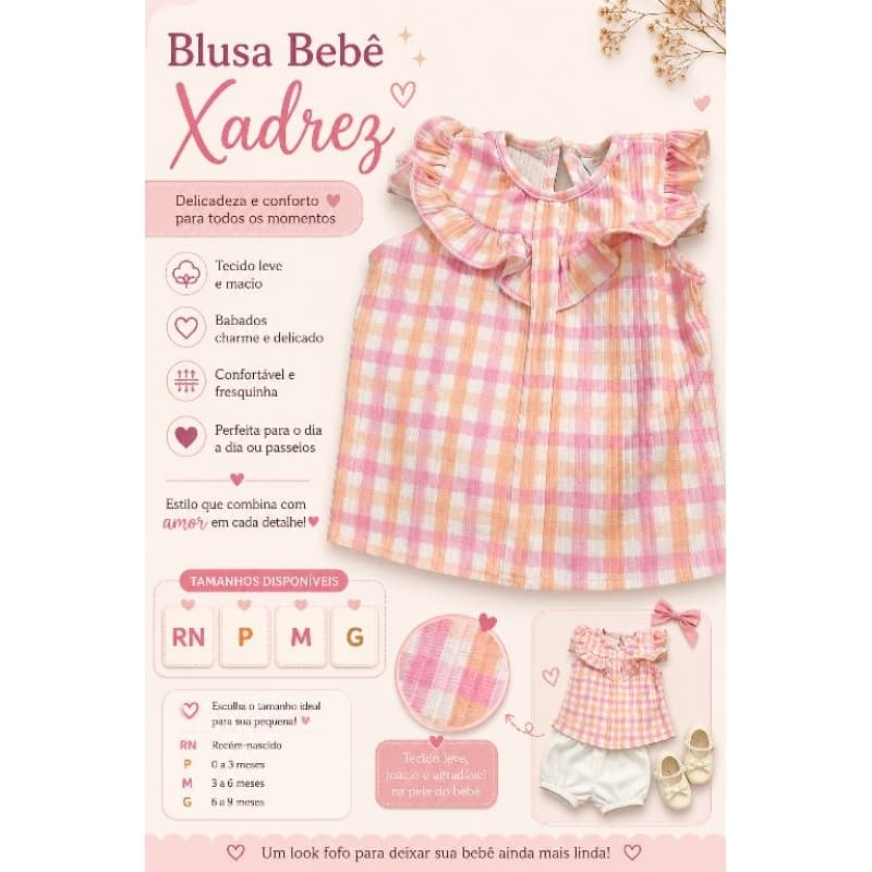 Blusa Bebê Menina Xadrez Rosa com Babados Manga Curta RN P M G