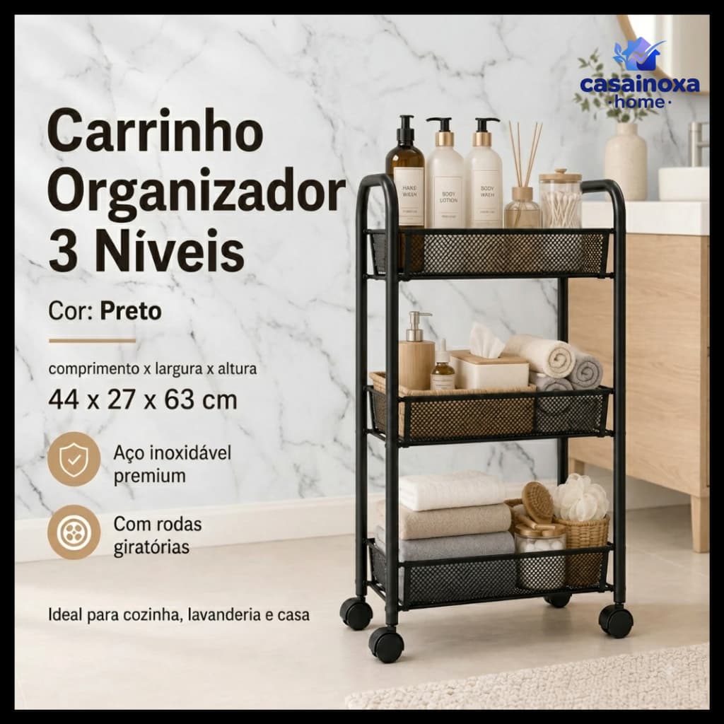 Carrinho Organizador Para Banheiro 3 Níveis Com Rodas Aço Preto Multiuso Para Shampoo Toalha Lavabo