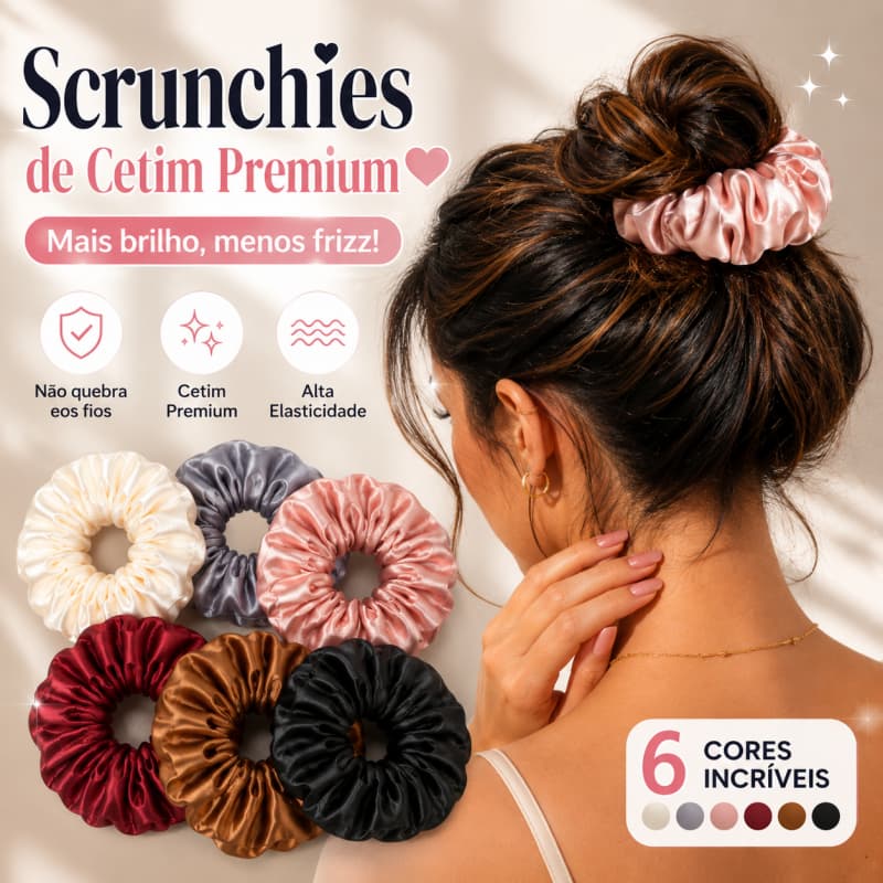 Kit 6 Scrunchies Mini Cetim Elástico Presilha de Cabelo Cores Neutras Acessório Feminino Uso Diário