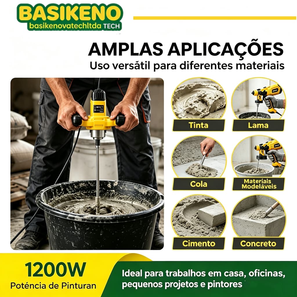 (1200w Alta Potência)Misturador Elétrico De Argamassa Tinta Gesso Rejunte Profissional  6 Velocidades M14 Com Acessórios