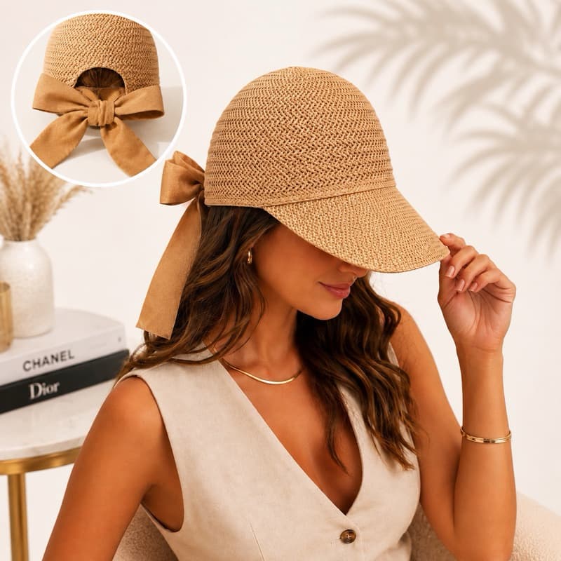 Chapeu Boné de Palha Praia Feminino Aba Curva Casual Proteção de Sol Moda Verão Estilo Tendencia com Laço Velcro Premium