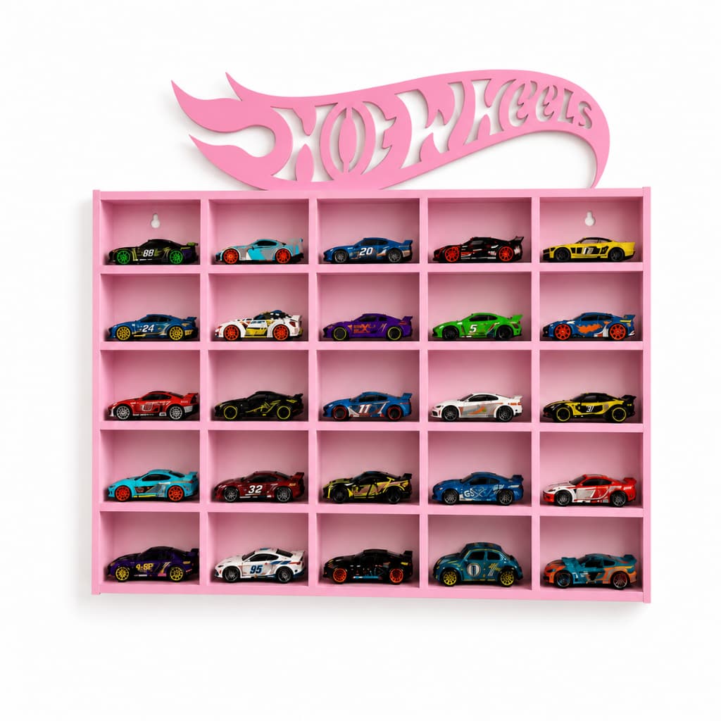 Expositor Hot Wheels Rosa para 25 Carrinhos  | Display Organizador Colecionável MDF
