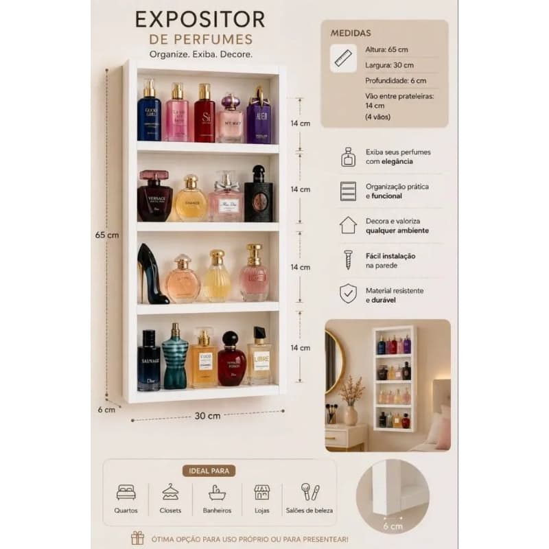 Porta Perfumes MDF Branco - Design Minimalista e Versátil para Perfumes e Fragrâncias