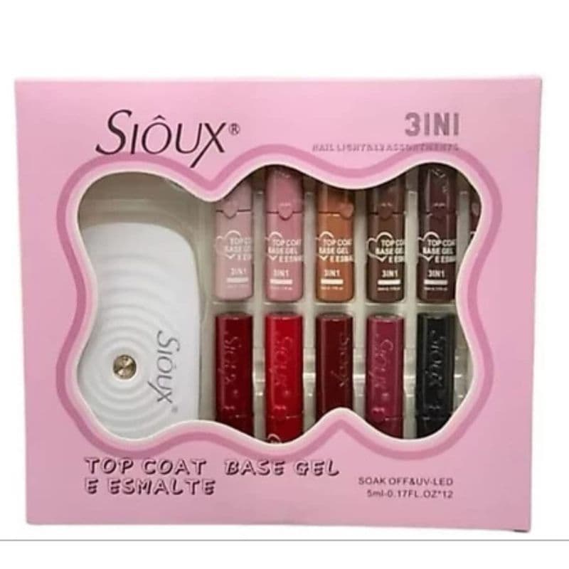 Kit Esmalte em Gel Sioux 3 em 1 + Cabine LED UV | Top Coat Base Gel | 12 Cores | Secagem Rápida