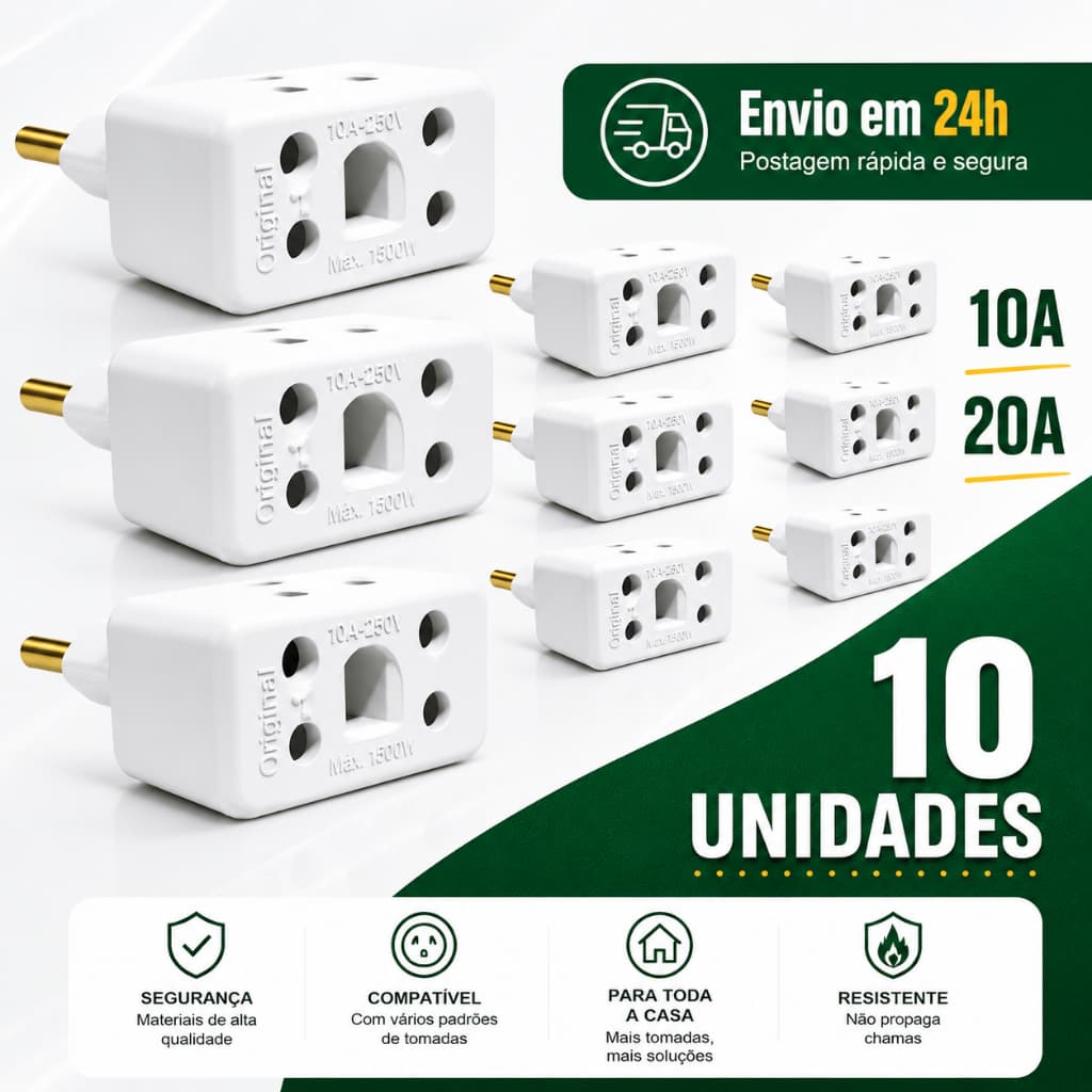 Adaptador Tomada Benjamin 10A/20A | Pino Maciço Bob Resistente | Alta Durabilidade