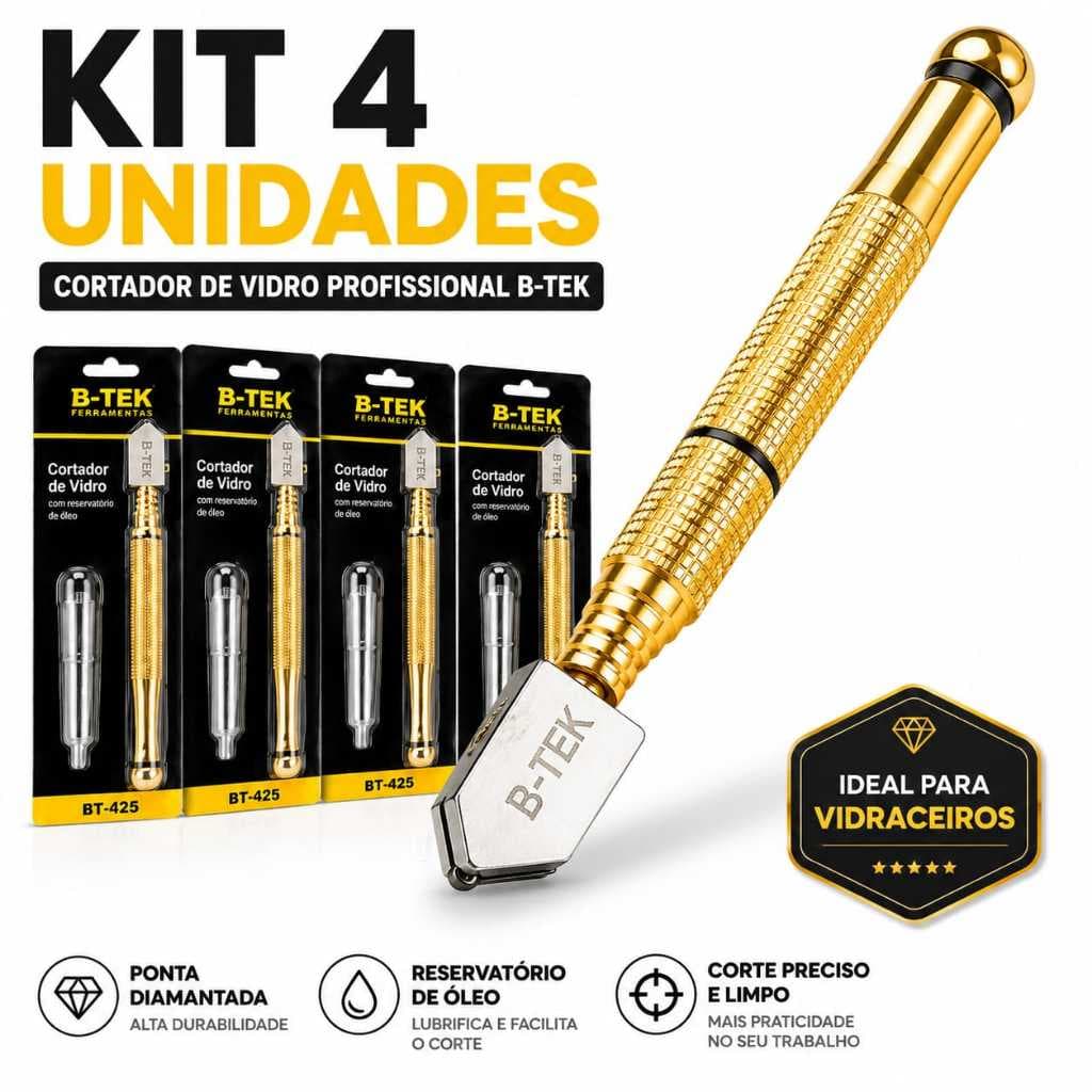 Kit 4 Cortador de Vidro Profissional com Dosador Automático - Precisão e Conforto Ergonômico, Corte Uniforme