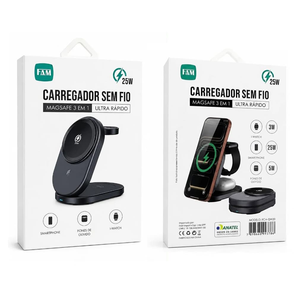 Carregador Sem Fio 3 EM 1 Dobrável Suporte Por Indução 25W  FCA-QW20 Para Celulares, iWatch E Fones de Ouvido
