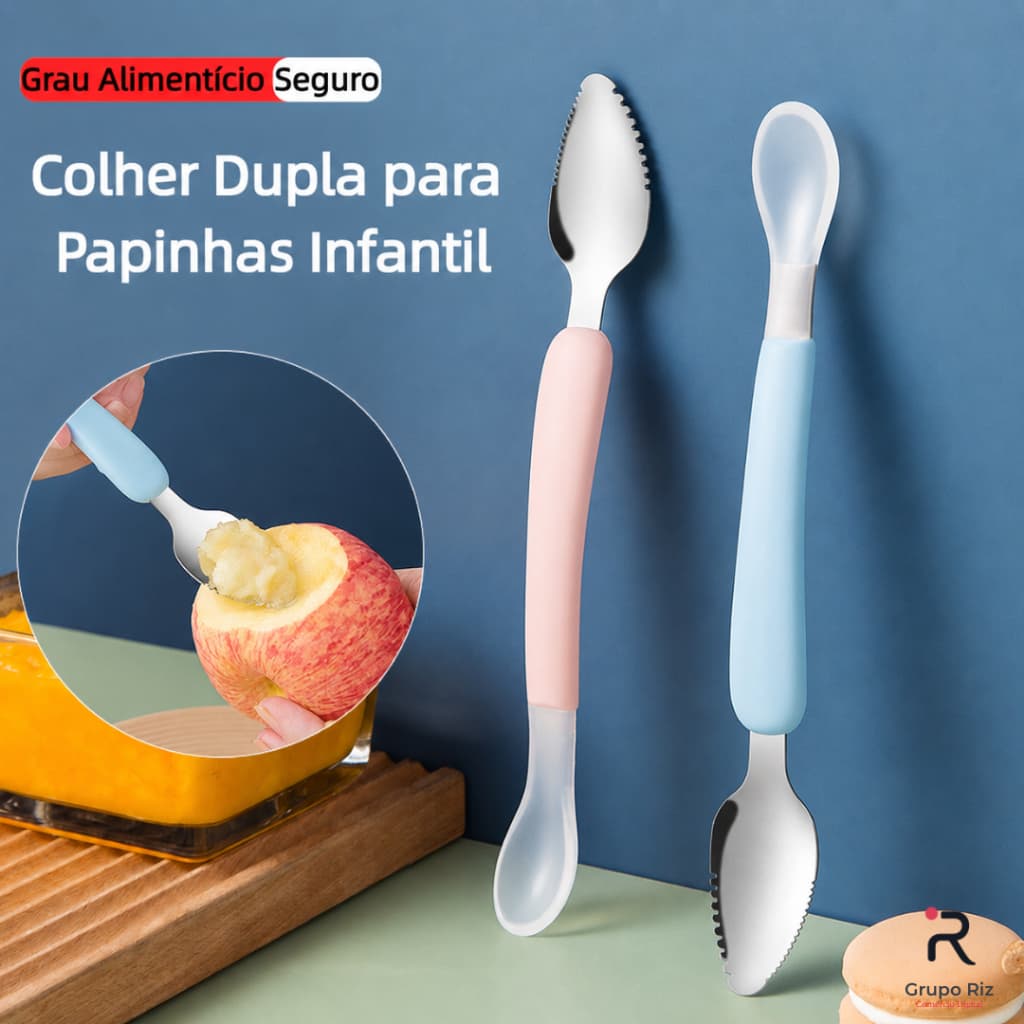 Colher Bebê 2 em 1 Raspa Fruta Silicone Inox Papinha BLW Introdução Alimentar Atóxica Maternidade 6m