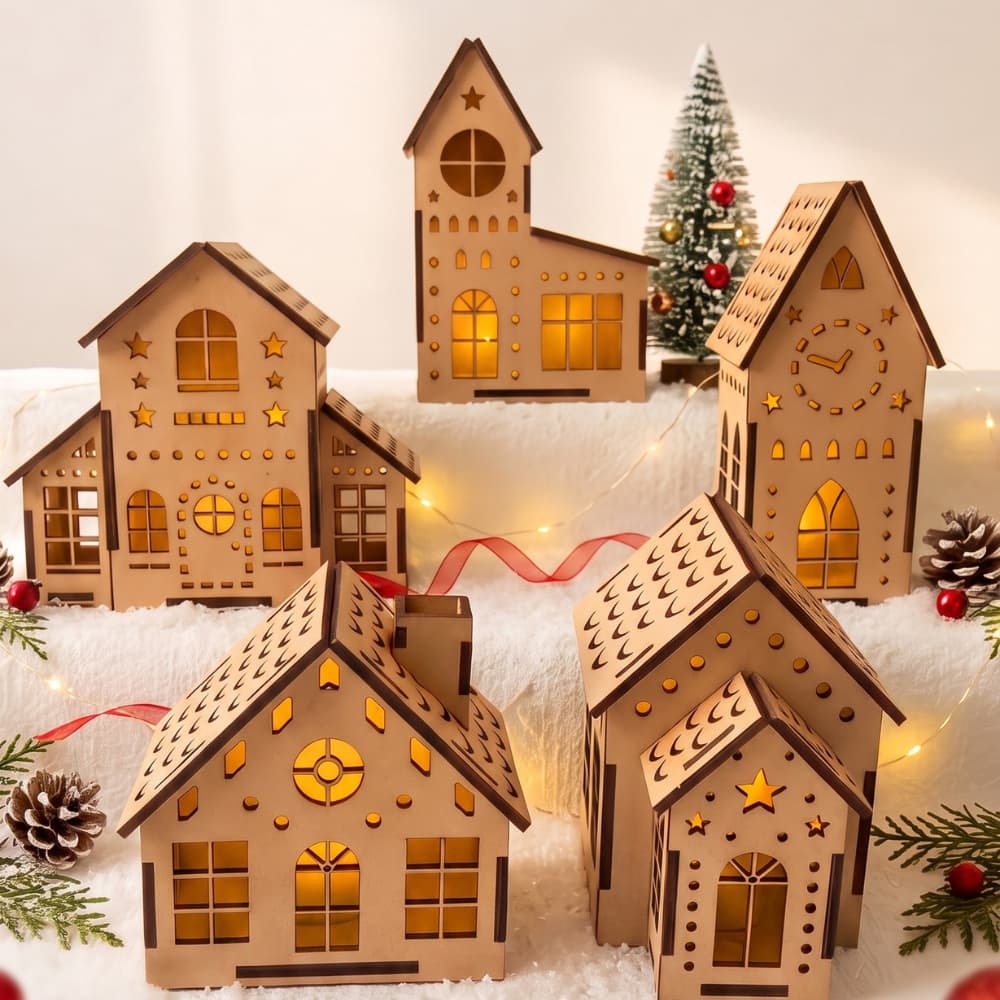 Kit Vila Natalina Mdf Cru 5 Peças Com Casinhas Igreja E Torre Decoração De Nata