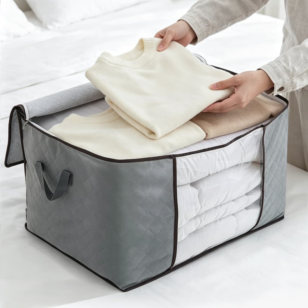 Caixa Organizadora Roupas Saco Organizador Guarda Roupa Dobrável Edredom Brinquedos Antimofo Zíper Anti-Poeira Umidade