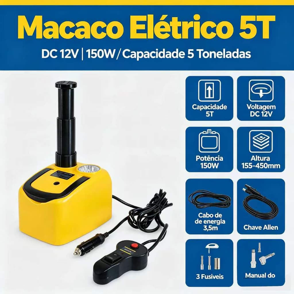 Macaco Elétrico Automotivo 5T DC 12V 150W-Macaco Hidráulico para Carro com Fonte 3,5M, Acessórios Inclusos