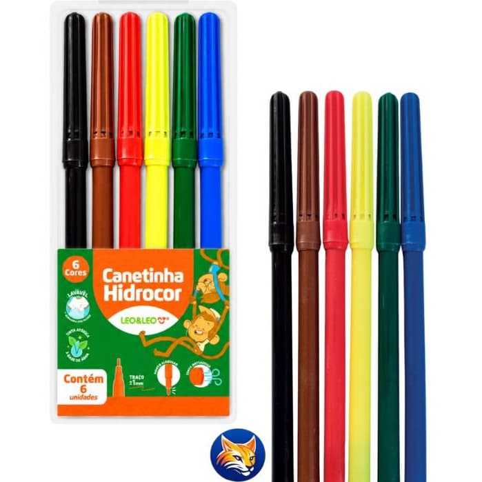 Kit 1 a 5 Estojos Caneta Hidrográfica Hidrocor Lavável Canetinha Com 6 Cores Leo&Leo