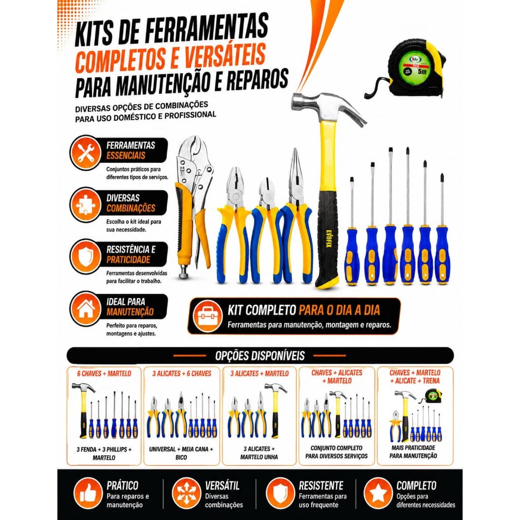Kit Ferramentas Completo Jogo de Chave Fenda Philips e Martelo Unha Cabo Emborrachado
