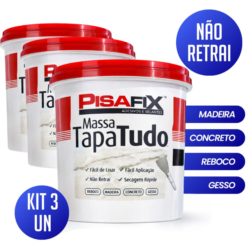Kit 3 Unidades Massa Tapa Tudo Branca 90g Furos Trincas Fendas D Nó Madeira Não Retrai Pisafix