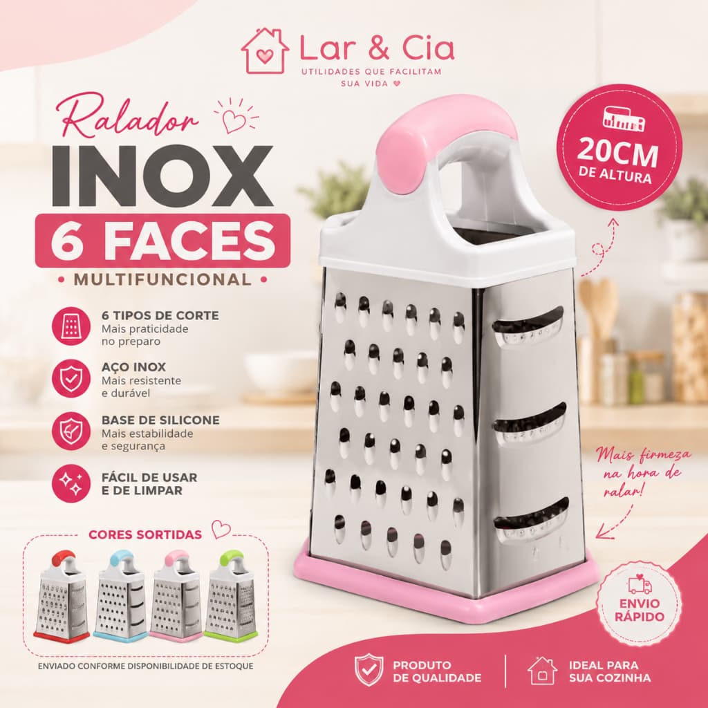 Ralador Inox 6 Faces 20cm Multifuncional com Base de Silicone Para Legumes, Queijos e Frutas