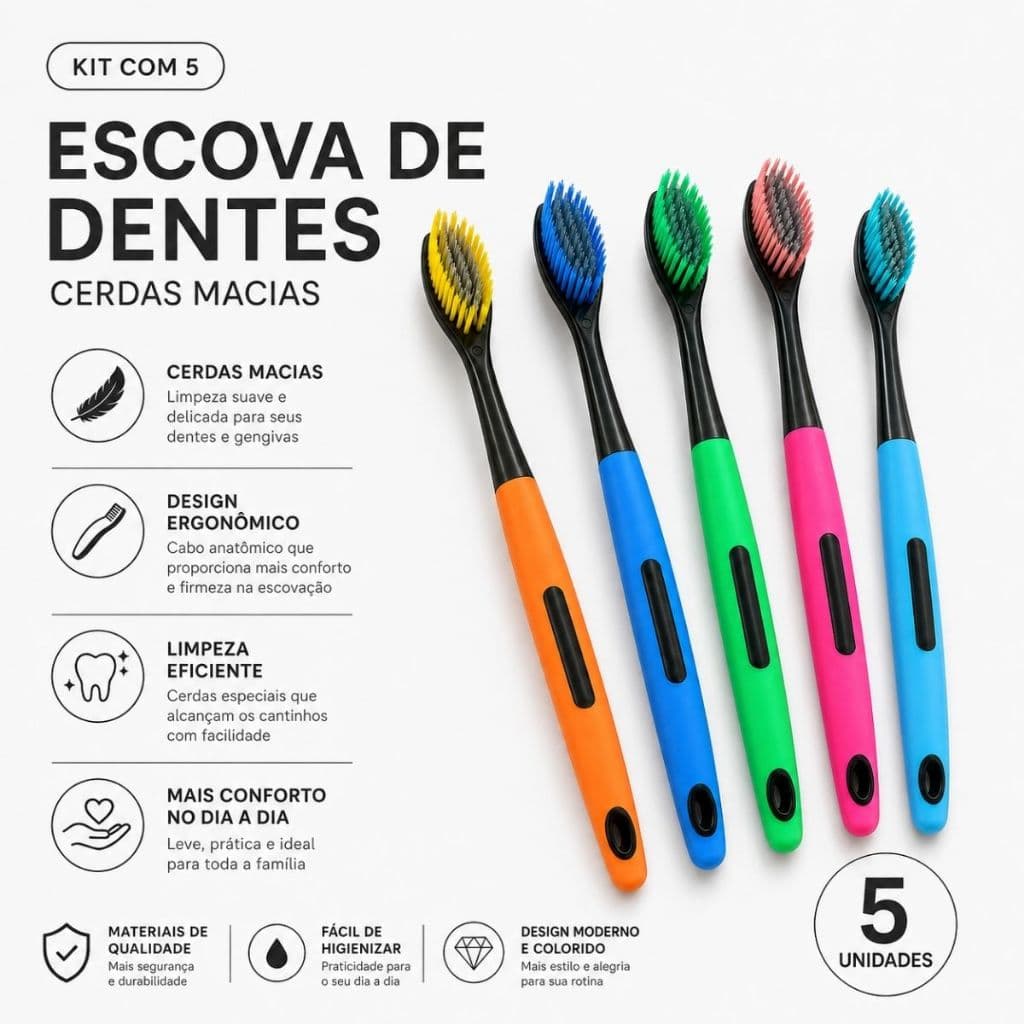 5 Uni de Escovas de Dente Com Capa Protetora Cerdas Macias
