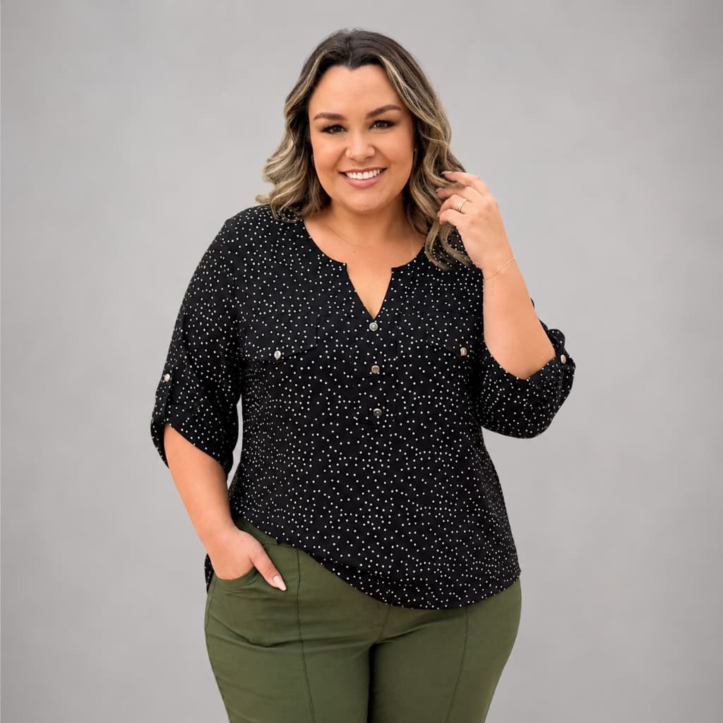Camisa Plus Size Feminina Social Poá Soltinha Elegante Manga 3/4