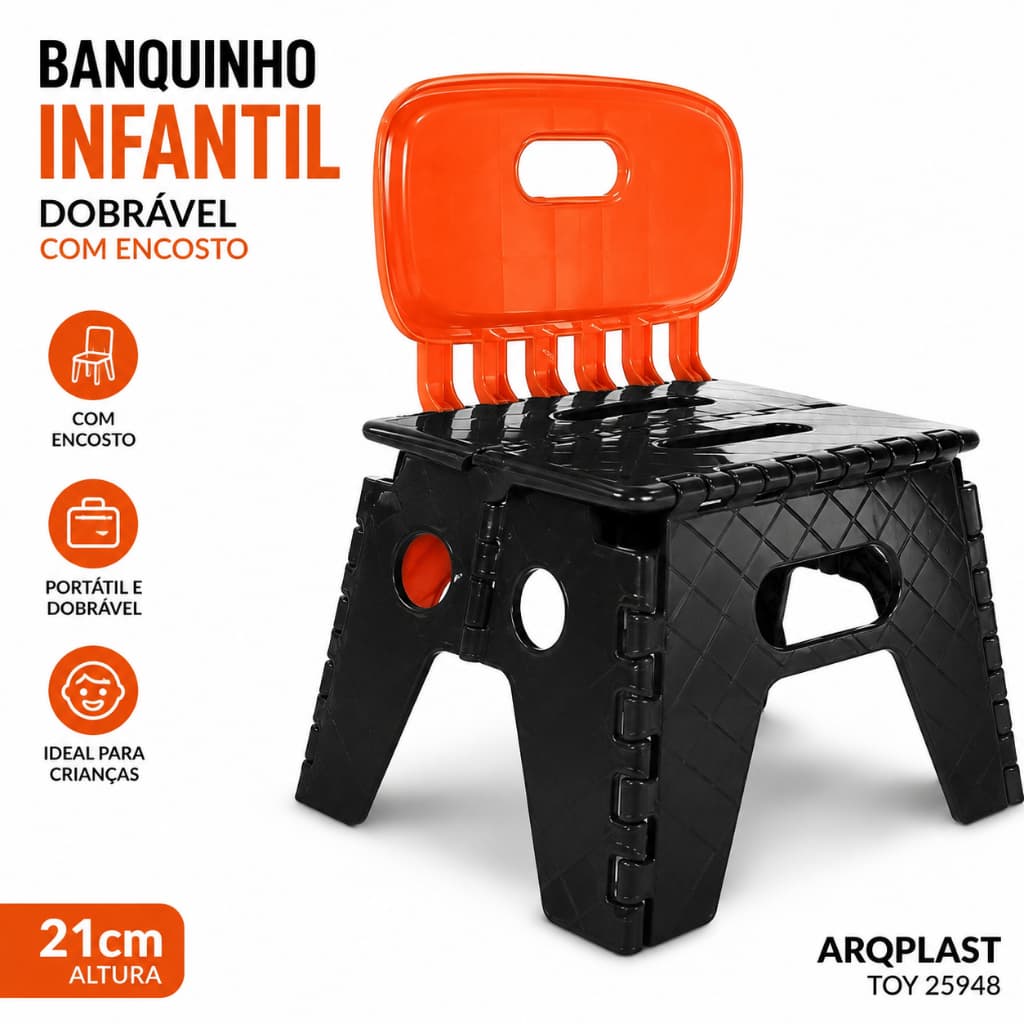Banquinho Banqueta infantil criança cadeirinha Dobrável Portátil C/ Encosto 21cm - Arqplast - Toy 25948